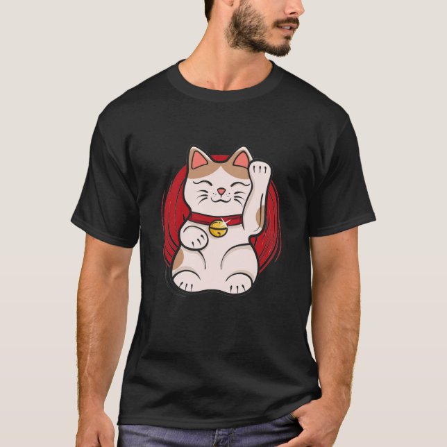 Maneki Neko Lucky Cat Statue Waving Japanese Style T Shirt (Framsida)
