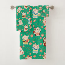 Maneki Neko Lucky Cats Bath Towel Set