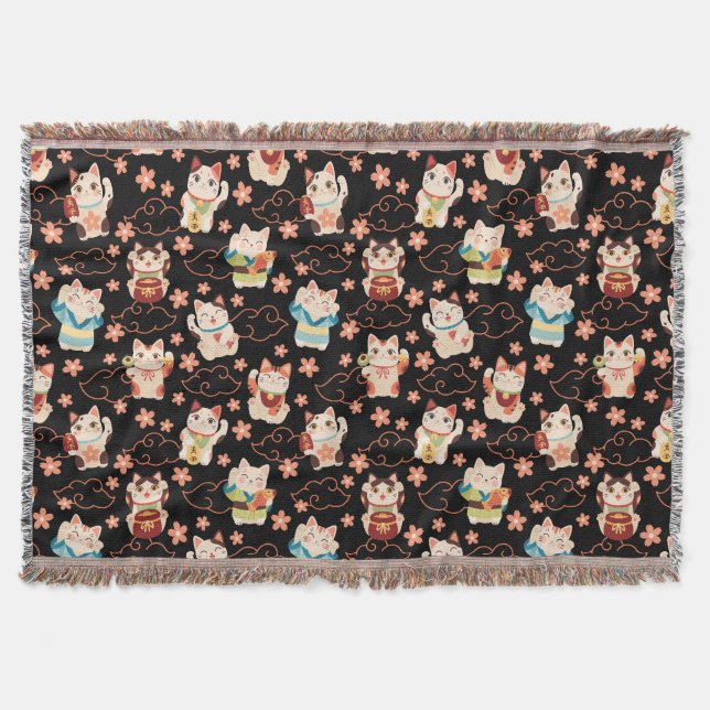 Maneki Neko Lucky Cats-mönster Filt (Framsidan)