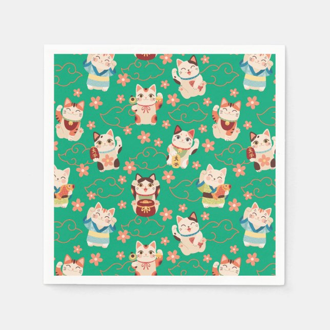 Maneki Neko Lucky Cats Personliga  Pappersservett (Framsidan)