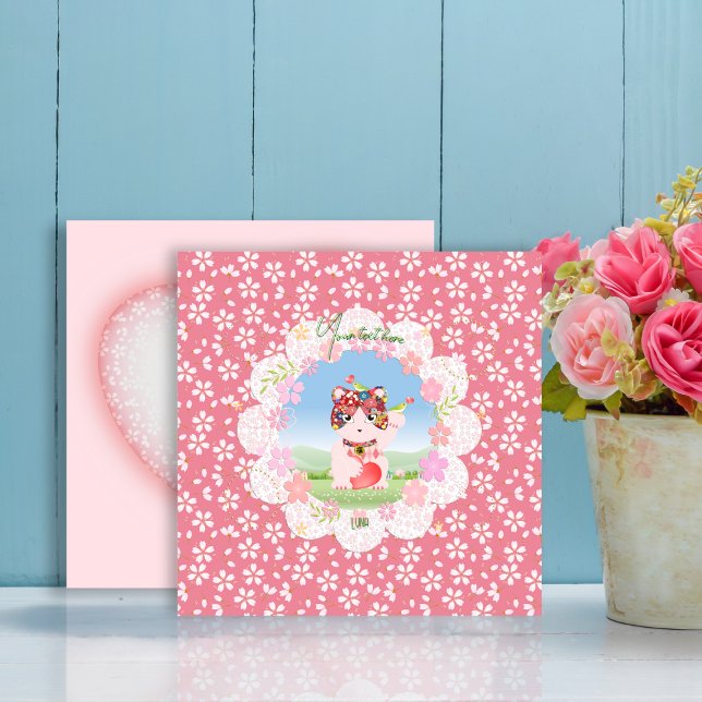 Maneki Neko Lucky Luna Flat Helgdag Card Julkort (Maneki Neko Lucky Luna Flat Holiday Card)