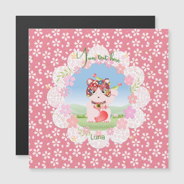 Maneki Neko Lucky Luna Magnetic Card Magnetisk Inbjudningskort (Fram/baksida)