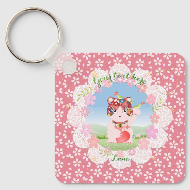 Maneki Neko Lucky Luna Square Nyckelring (Framsida)