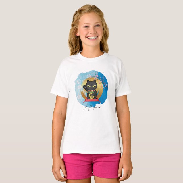 Maneki Neko Lucky Poilue Girls' T Shirt (Hel framsida)