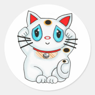 Maneki Neko lycklig göra tecken åt vitkatt Runt Klistermärke