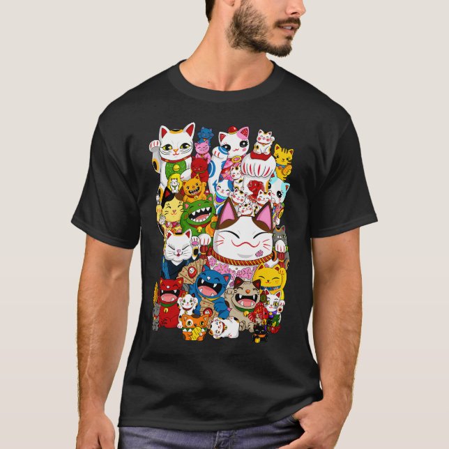 Maneki Neko (Lycklig Katt) Kollektion T Shirt (Framsida)