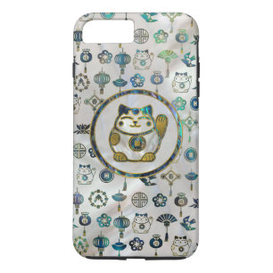 Maneki Neko lycklig katt på pärlan och abalone