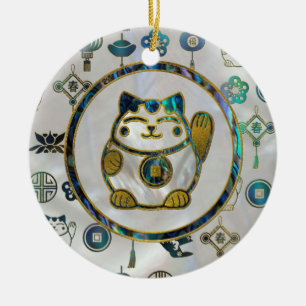 Maneki Neko lycklig katt på pärlan och abalone Julgransprydnad Keramik