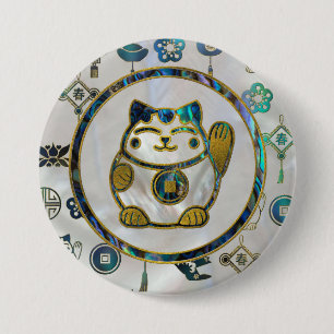 Maneki Neko lycklig katt på pärlan och abalone Knapp