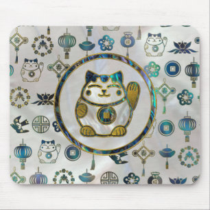 Maneki Neko lycklig katt på pärlan och abalone Musmatta