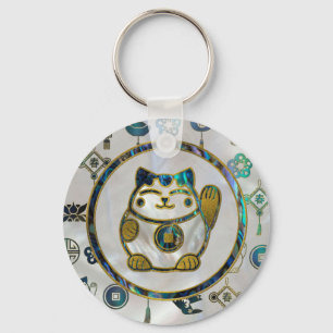 Maneki Neko lycklig katt på pärlan och abalone Nyckelring