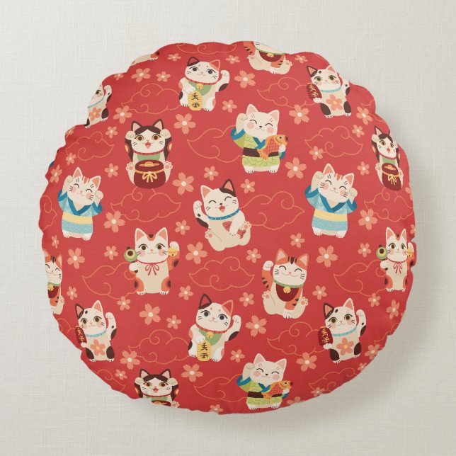 Maneki Neko Lyckliga Katter Rund Kudde (Framsidan)