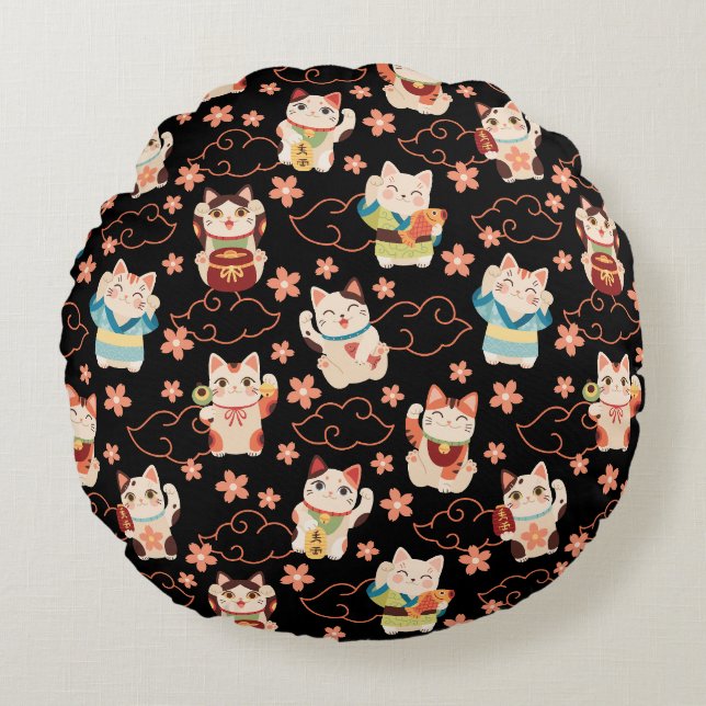 Maneki Neko Lyckliga Katter Rund Kudde (Framsidan)