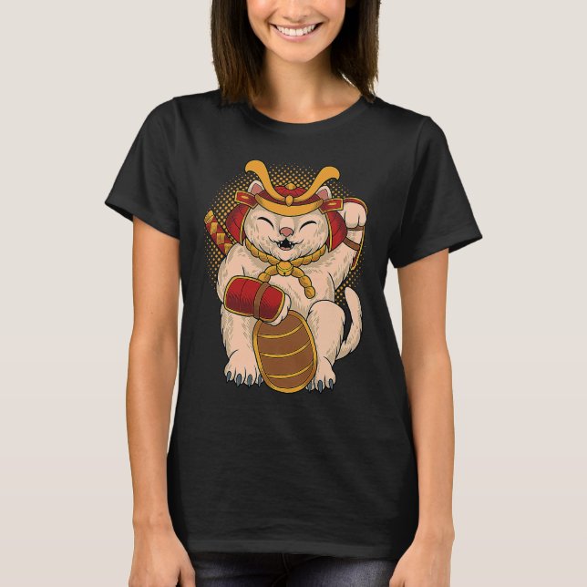 Maneki Neko Samurai Japan Lucky Cat Lucky Money ON T Shirt (Framsida)