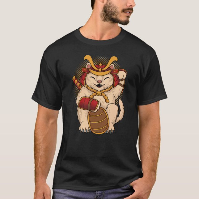 Maneki Neko Samurai Japan Lucky Cat Lucky Money ON T Shirt (Framsida)