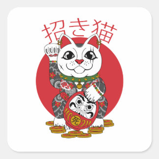 Maneki Neko Sticker Fyrkantigt Klistermärke
