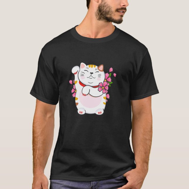 Maneki Neko Välkomnande Lucky Cat T Shirt (Framsida)