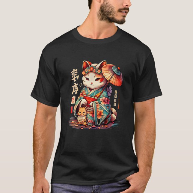 Manekineko Geisha Higasa Geisha Umbrella Yukata Ki T Shirt (Framsida)