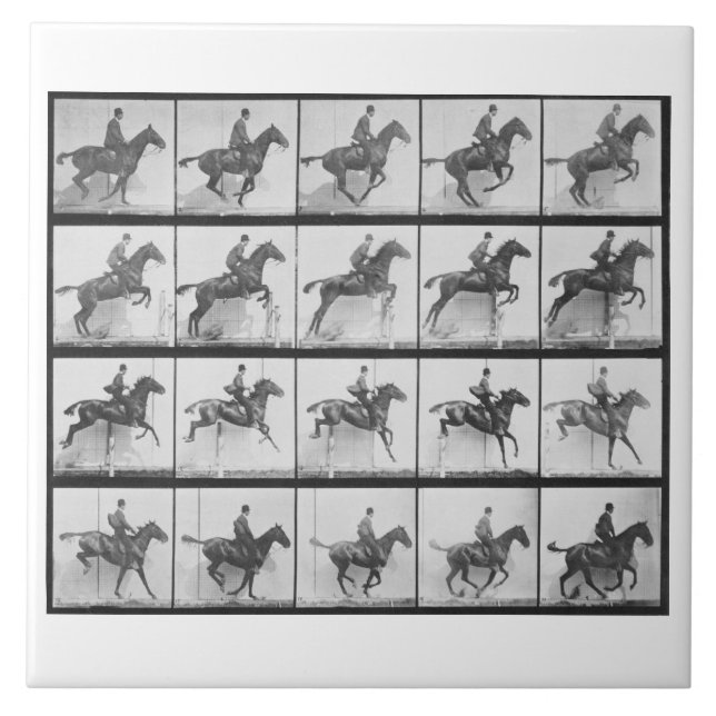 Manen och hästen som hoppar ett staket, pläterar kakelplatta (Framsidan)