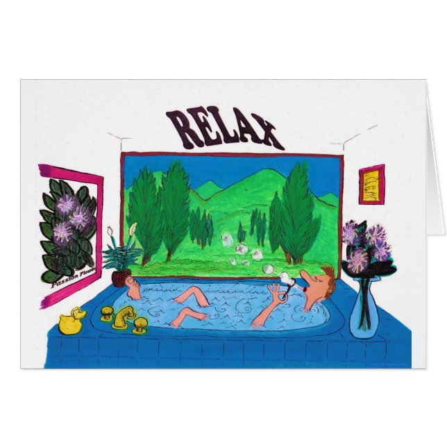 Manen som kopplar av i blåsa för badkar, bubblar hälsningskort (Framsidan Horizontal)