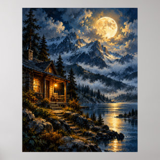 Måneskin Alpin Stuga - Golden Moon Lake Poster