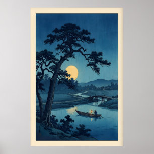 Måneskin Flodtryck Japansk Träblockstil Natt Poster