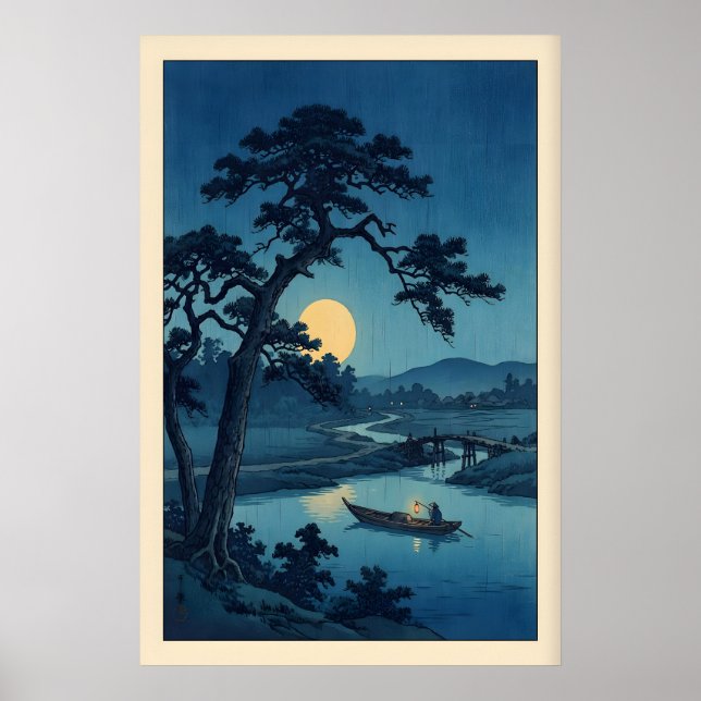 Måneskin Flodtryck Japansk Träblockstil Natt Poster (Framsidan)