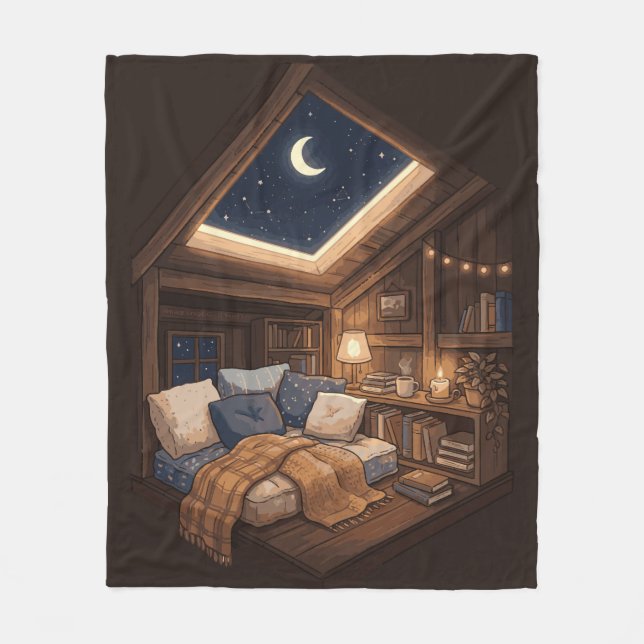 Måneskinad mysig stugläshörna-illustration fleecefilt (Framsidan)