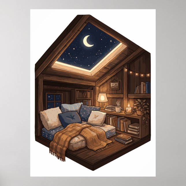 Måneskinad mysig stugläshörna-illustration poster (Framsidan)