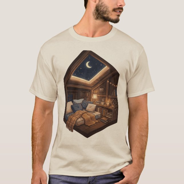 Måneskinad mysig stugläshörna-illustration t shirt (Framsida)