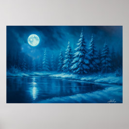 Måneskyns Vinterskog vid en Sjö Poster
