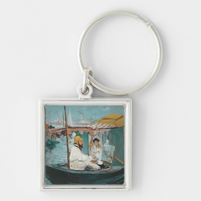 Manet | Monet i hans flyta studio, 1874 Fyrkantig Silverfärgad Nyckelring (Framsidan)