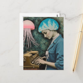 Manet och en surrealistisk kvinna på skrivmaskin vykort