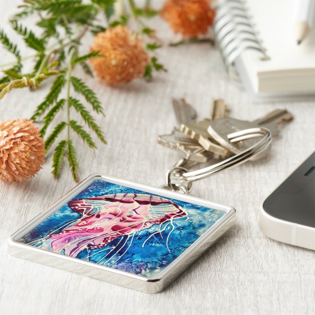 Maneter vattenfärg hav konst fyrkantig silverfärgad nyckelring (Sidan)