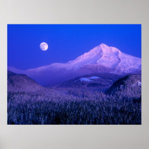 Måneuppgång över Mt. Hood Oregon på vintern Poster
