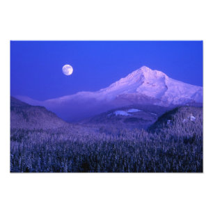 Måneuppgång över Mt Hood vinter, Oregon Fototryck