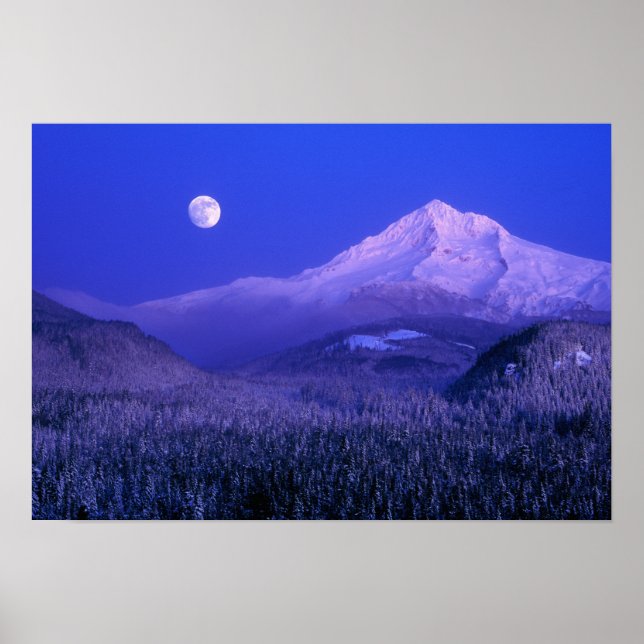 Måneuppgång över Mt Hood vinter, Oregon Poster (Framsidan)