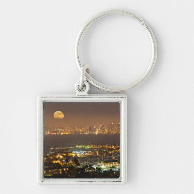 Måneuppgång över San Diegos skyline Fyrkantig Silverfärgad Nyckelring (Framsidan)