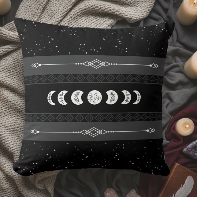 Månfas Måncykel Svart Natt Celestial Kudde (Embrace the cosmic rhythm with this captivating Moon Phase Celestial Throw Pillow)