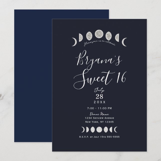 Månfaser Blå Astrologi Celestial Sweet 16    Inbjudningar (Fram/baksida)