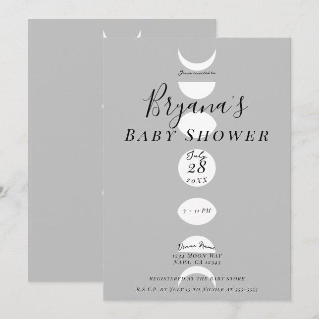 Månfaser Cykler Grå & Vit Baby Shower Inbjudningar (Fram/baksida)