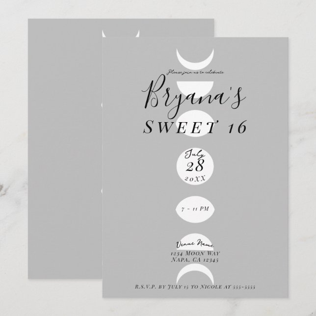 Månfaser Cykler Grå & Vit Sweet 16 Inbjudningar (Fram/baksida)