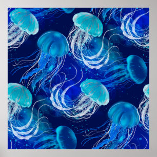 Många blå jellyskar simmar under vatten. Seamles Poster