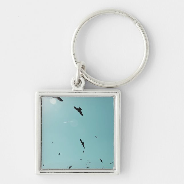Många fåglar och en kontrast fyrkantig silverfärgad nyckelring (Framsidan)