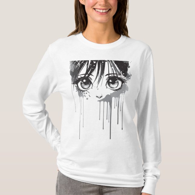 Manga-flicka med målningsdränkt blick t shirt (Framsida)