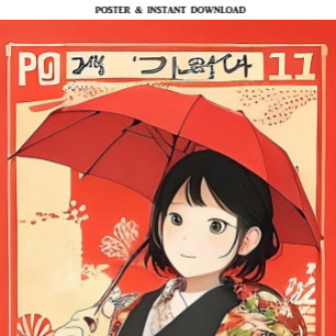 Manga Girl med Red Umbrella Japansk poppart Poster