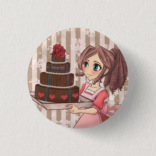 Manga girl with chocolate cake - button knapp (Framsida)