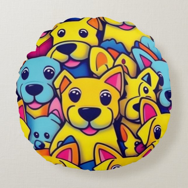 Många gult hundar lycklig hundar rund kudde (Framsidan)