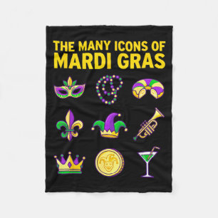 Många ikoner för Mardi Gras lila grön grafik Fleecefilt