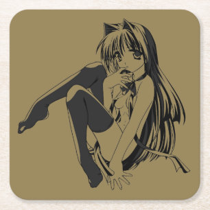 Manga, Kattflicka Neko Furry Kawaii Loli Underlägg Papper Kvadrat